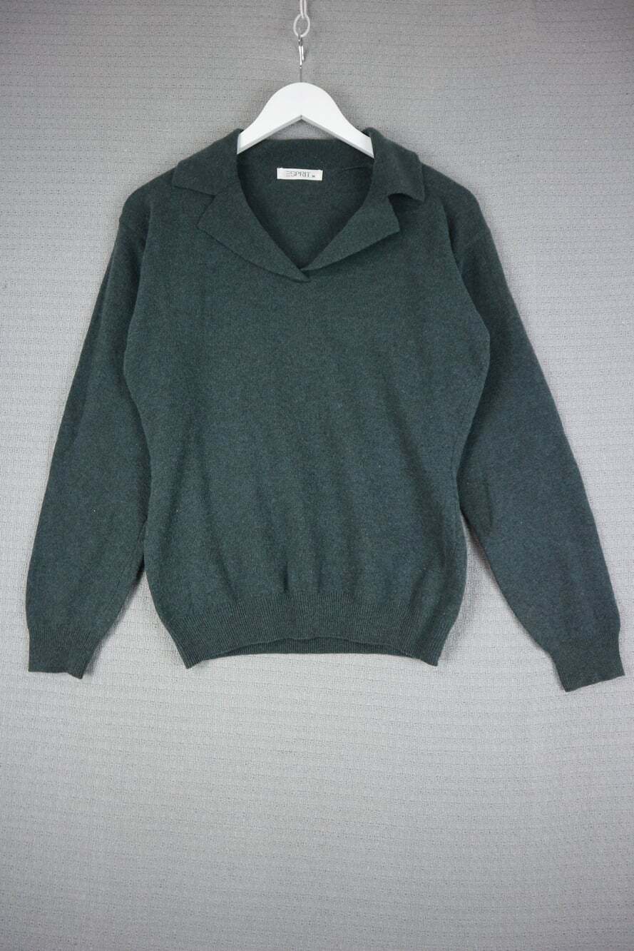 Vintage ESPRIT 80s 90s Green Lambswool Knit Johnny Collar Pullover Sweater M